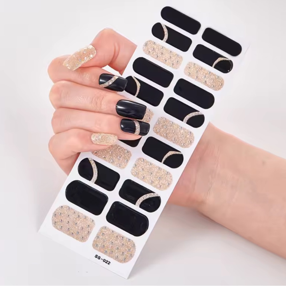 Black & Gold, Glitter Nail Wraps, Nail Stickers, 1 Pack, 22 Stickers